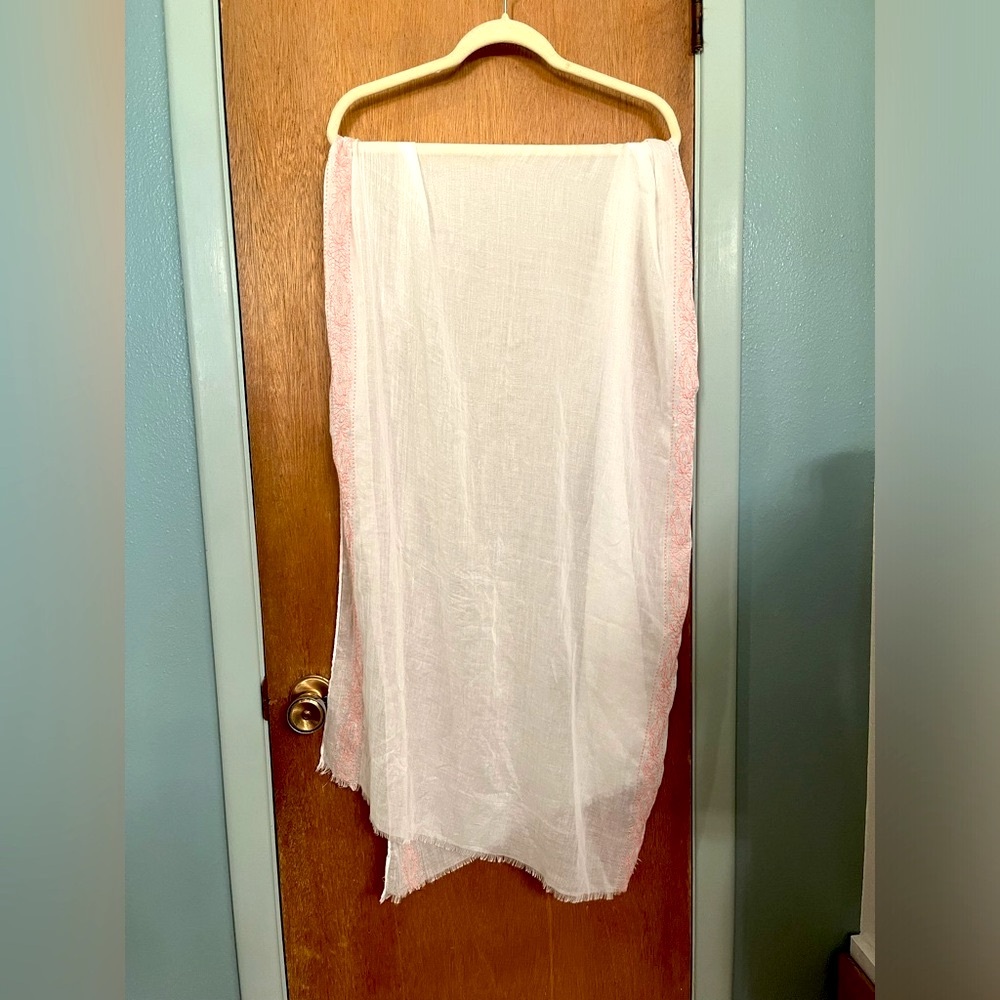 Sheer white scarf with pink embroidery